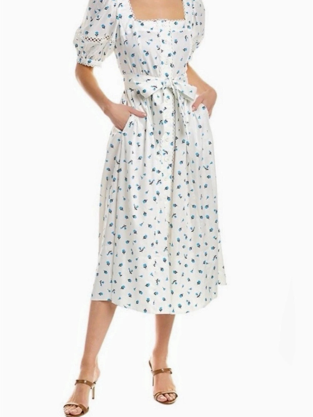 Selkie Floral Puff Sleeve Midi Dress in White & Blue